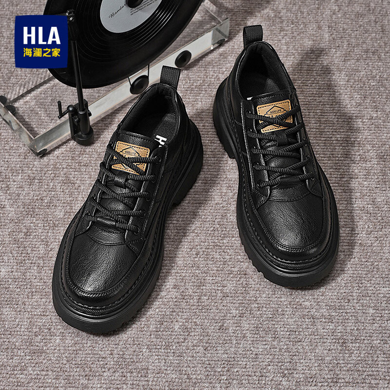 海澜之家(HLA)男鞋秋季2026新款户外工装鞋复古休闲皮鞋防滑厚底低帮马丁鞋子男 黑色 43