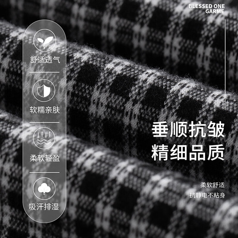 浪莎复古格子裤女秋季宽松慵懒风直筒休闲裤小个子垂感显瘦阔腿裤 杏灰格子 【复古格子单品】 L 【建议111-125斤】