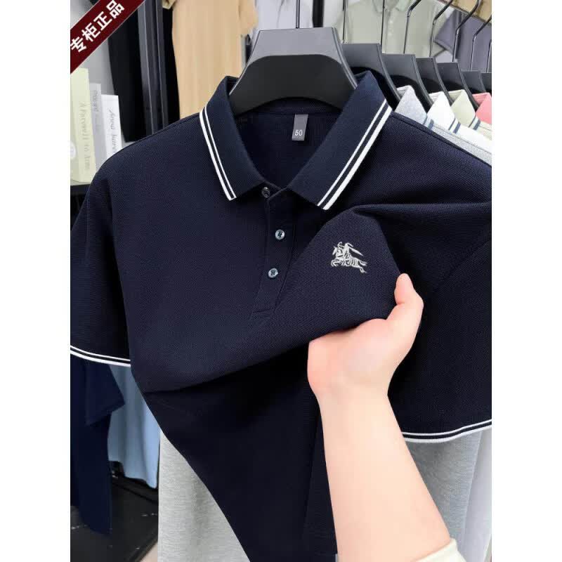 LUNBBLRRY巴宝莉高端夏季纯棉短袖t恤男士翻领吸汗透气战马Polo衫刺绣 一线品牌黑色 2XL 180_【建议155-175斤】