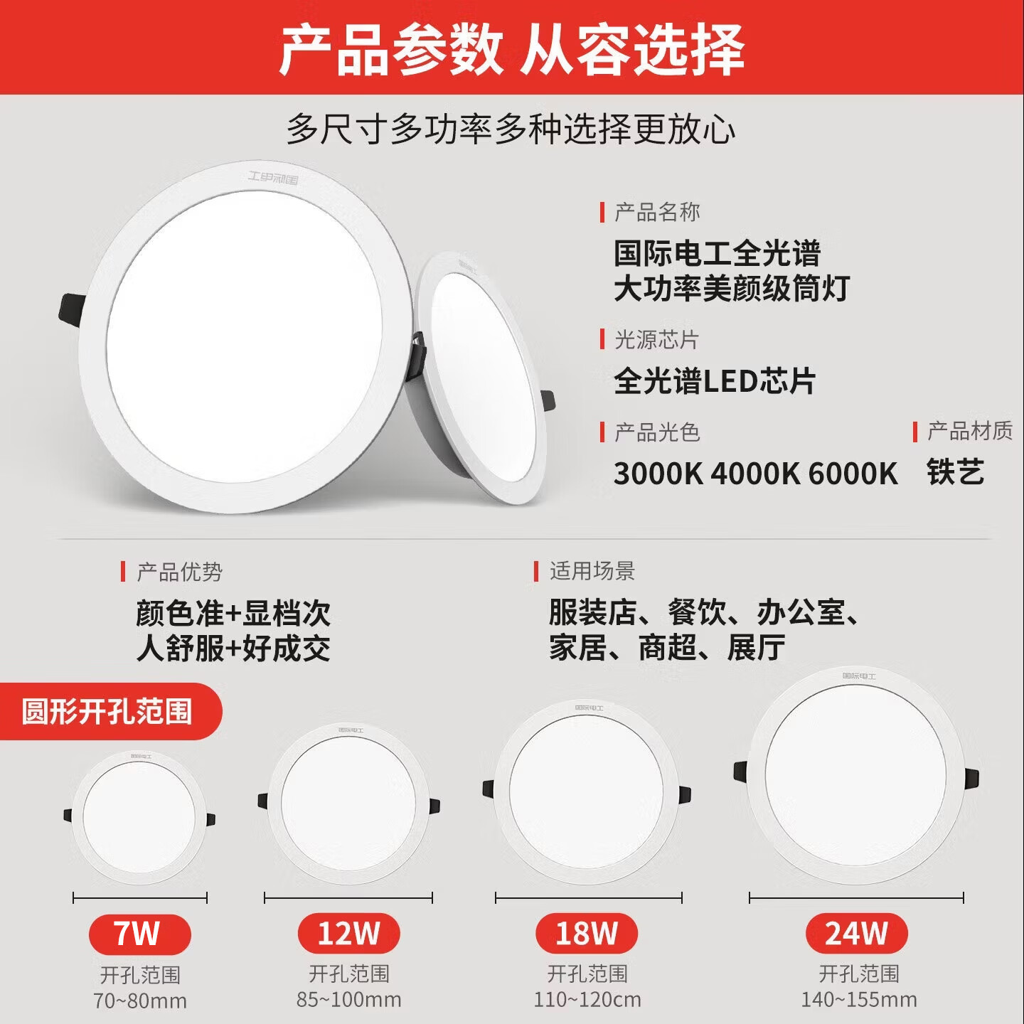 国际电工LED超薄商用筒灯家用办公店铺嵌入式吊顶灯全光谱高显色照明射灯 24W 三色 开孔140-155mm