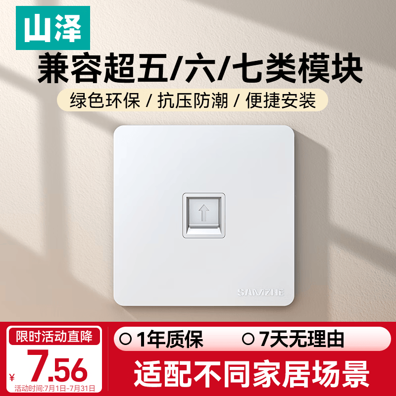 山泽网线网口网络面板 插座开关 通用超五/六/七类模块加厚86型 酒店办公室全屋布线专用  WAN-01