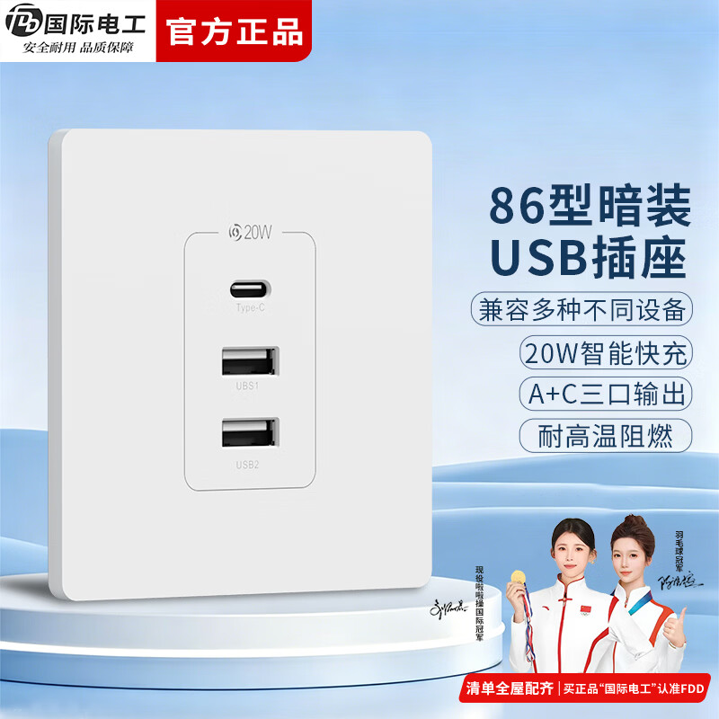 国际电工（FDD）86型暗装20W快充插座面板带type-c接口家用手机USB充电插头 【20W快充】烤漆款-白色