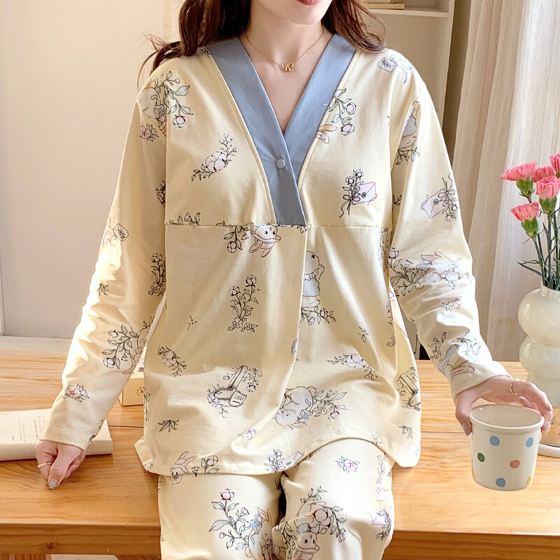 婧麒（JOYNCLEON）月子服春夏孕妇睡衣产后可外穿产妇待产家居服套装女舒适透气 蓝色 L码