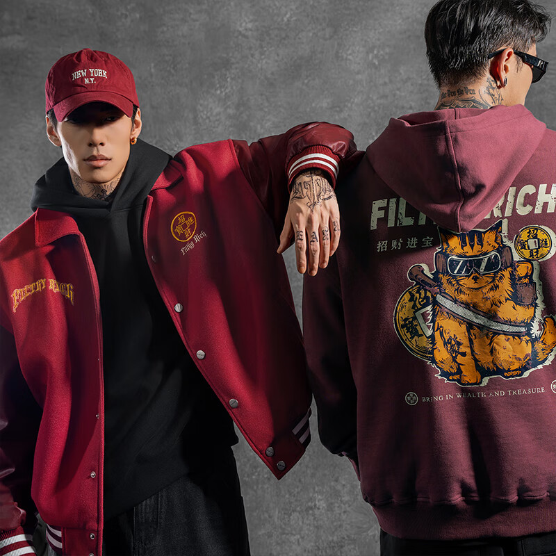 鹿家门招财进宝重磅棒球服男安可拉红秋季外套宽松健身夹克男 黑色 3XL 200-240斤