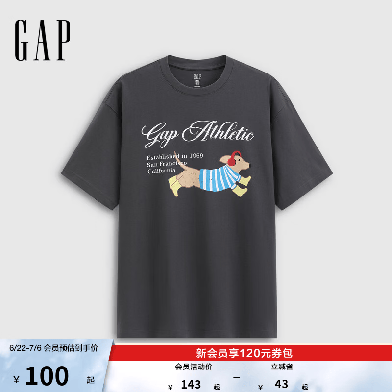 盖璞Gap男女装2026春季新款logo印花宽松短袖T恤休闲上衣 碳灰色 866088 M (170/92A)亚洲尺码