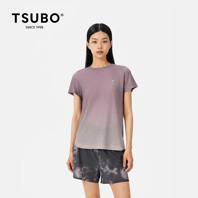 TSUBO尺不新款夏季女款圆领轻薄舒适速干渐变印花休闲短袖T恤上衣 紫色 + 灰色 L