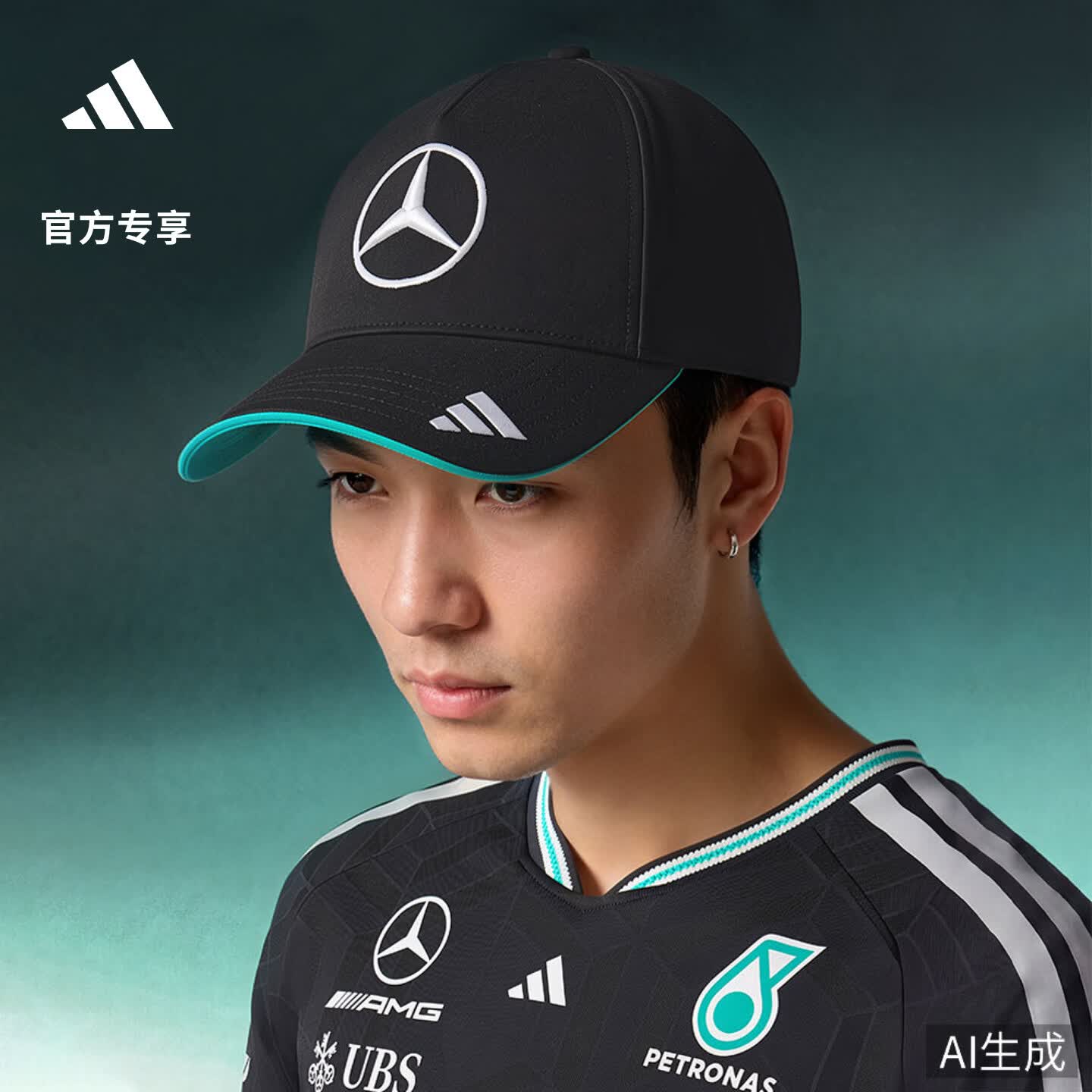 adidas梅赛德斯AMG马石油F1车队遮阳棒球帽太阳帽男女阿迪达斯   黑色   OSFM(男子)