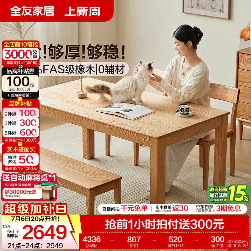 全友家居原木风实木餐桌家用北美FAS级橡木书桌休闲桌餐桌餐椅套装 【原木色 | 红橡木】餐桌+小岸硬面餐椅*4 1.4m