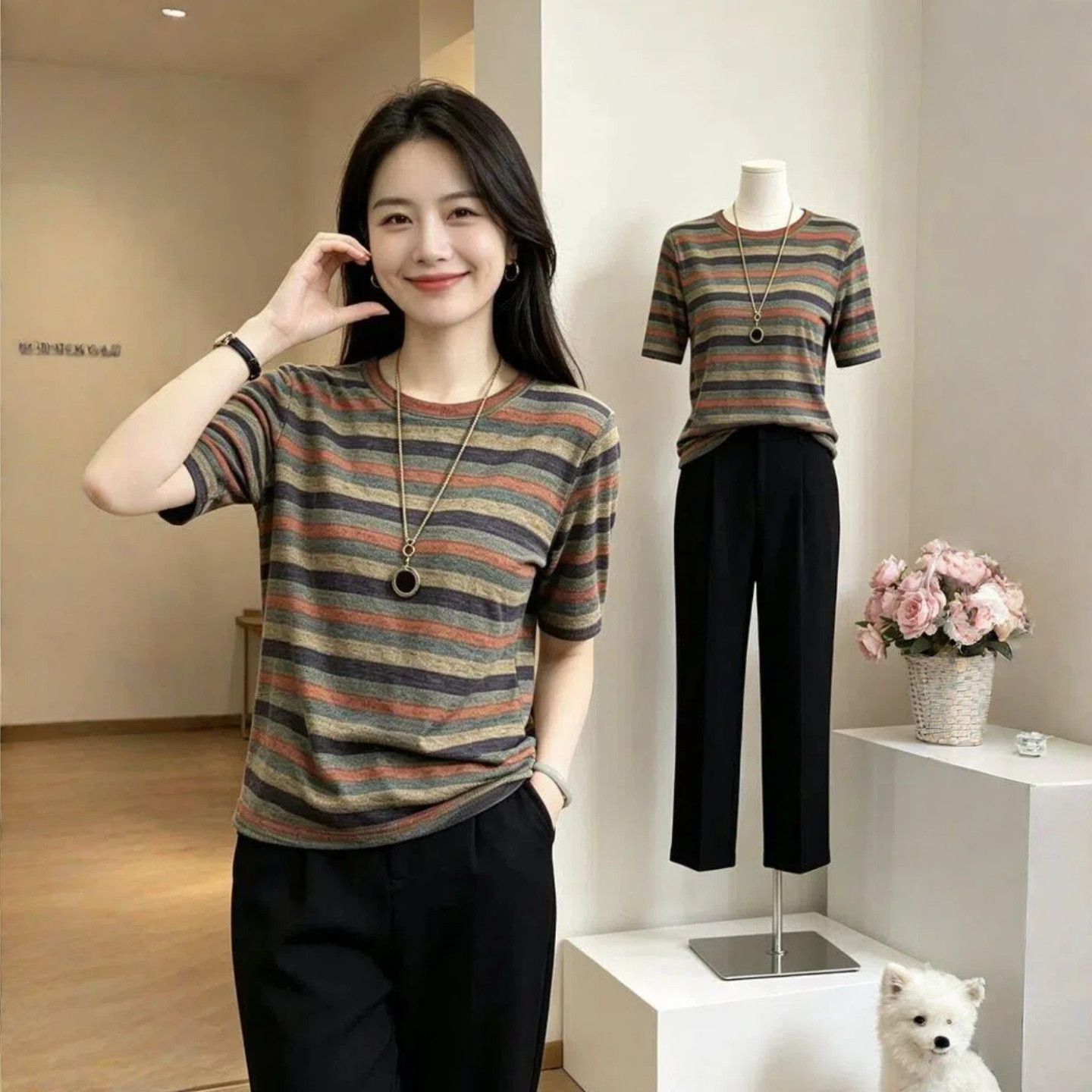 2026夏季新款时尚复古条纹女士短袖彩色百搭减龄遮肉显瘦T恤 图片色【原版正品】 2XL 【建议125-135斤】