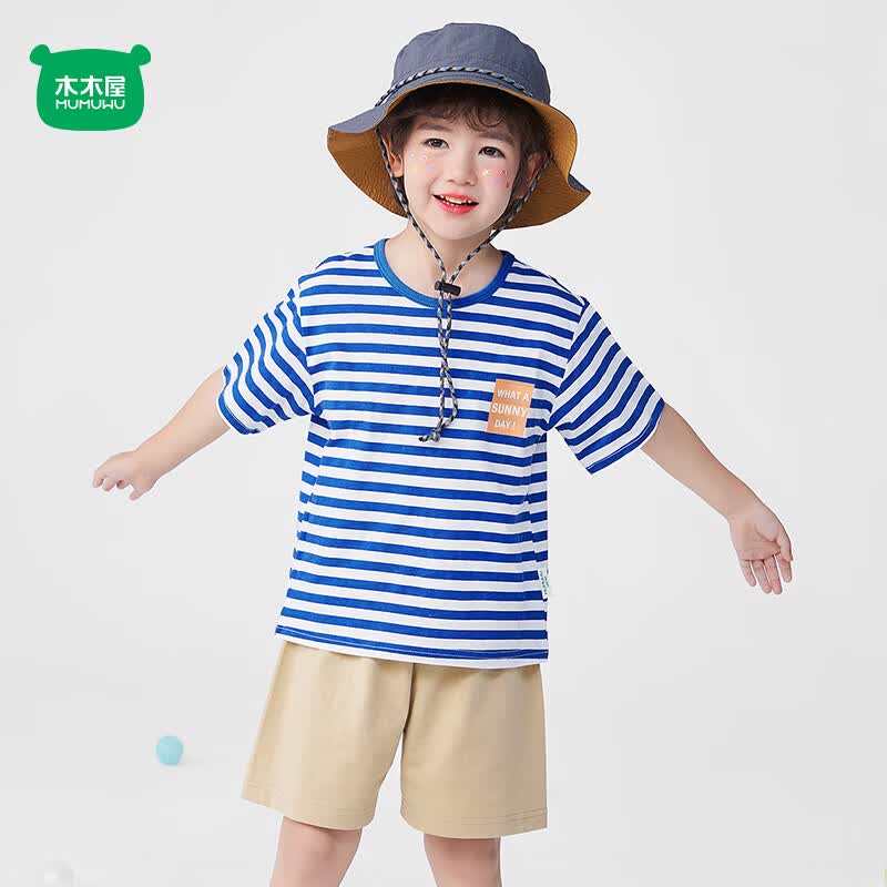 木木屋（mumuwu）男童女童夏季纯棉短袖套装儿童休闲运动两件套运动装吸汗透气套装 蓝色/简约字母蓝 140 140cm推荐身高129-138cm
