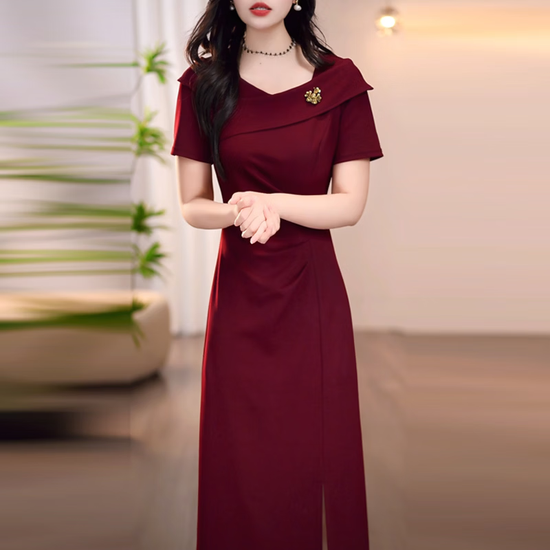 香影芬喜庆红色连衣裙女2026新款夏季喜妈妈宴会礼服高级感短袖开叉裙子 图片色 XL (建议111-120斤)