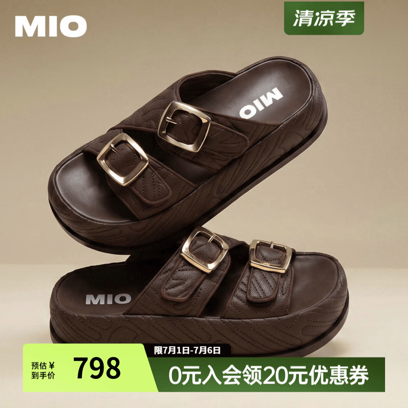 MIO米奥拖鞋女2026夏季新款厚底勃肯拖增高一字拖纯色双扣一脚蹬 咖啡色 36 (230mm)