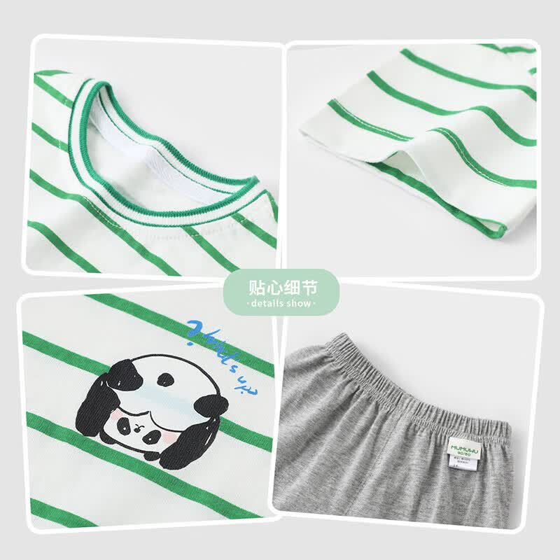 木木屋（mumuwu）男童女童夏季纯棉短袖套装儿童休闲运动两件套运动装吸汗透气套装 白/绿条纹熊猫 90