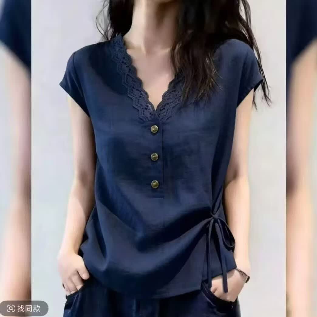 【轻奢爆款】2026夏季新款棉麻女纯色V领宽松休闲短袖拼接衬衫 藏蓝色 2XL 建议体重【110-125斤】