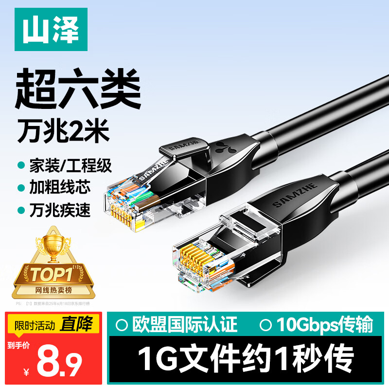 山泽超六类网线 2米 CAT6A类万兆成品网线家用电脑网络宽带工程跳线8芯双绞兼容千兆带双接头黑 D6A020