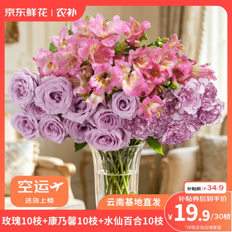 京东鲜花玫瑰10枝+随机色康乃馨10枝送六初10枝3束鲜花节日礼物源头直发