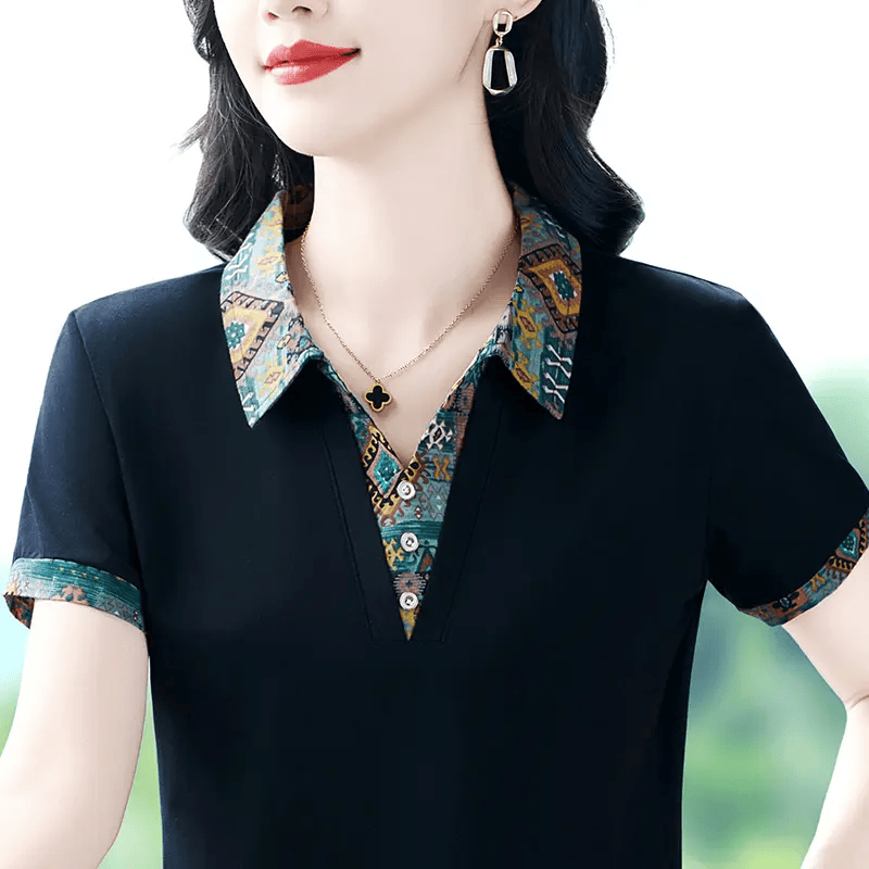 【专柜正品】女士夏季短袖刺绣翻领POLO衫时尚撞色拼接衣服 黑色 4XL 140-155斤