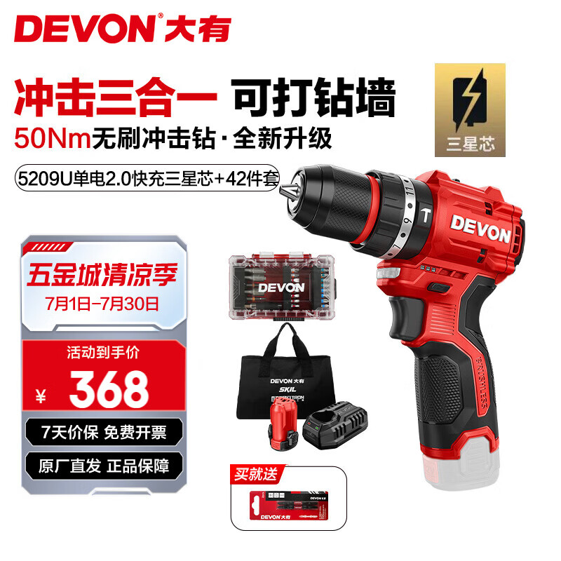 大有（Devon）12V锂电钻5208U 冲击钻5209U家用充电手电钻50Nm大扭力电动螺丝刀 5209U单电2.0快充+42附件 三星芯