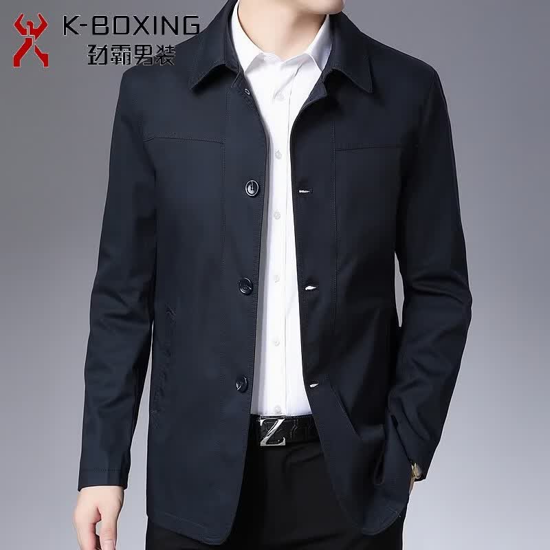 劲霸男装（K-Boxing）纯棉男士风衣商务休闲中年男装短款爸爸宽松夹克春秋薄款外套上衣 藏青色 M 170 (适合110-135斤)