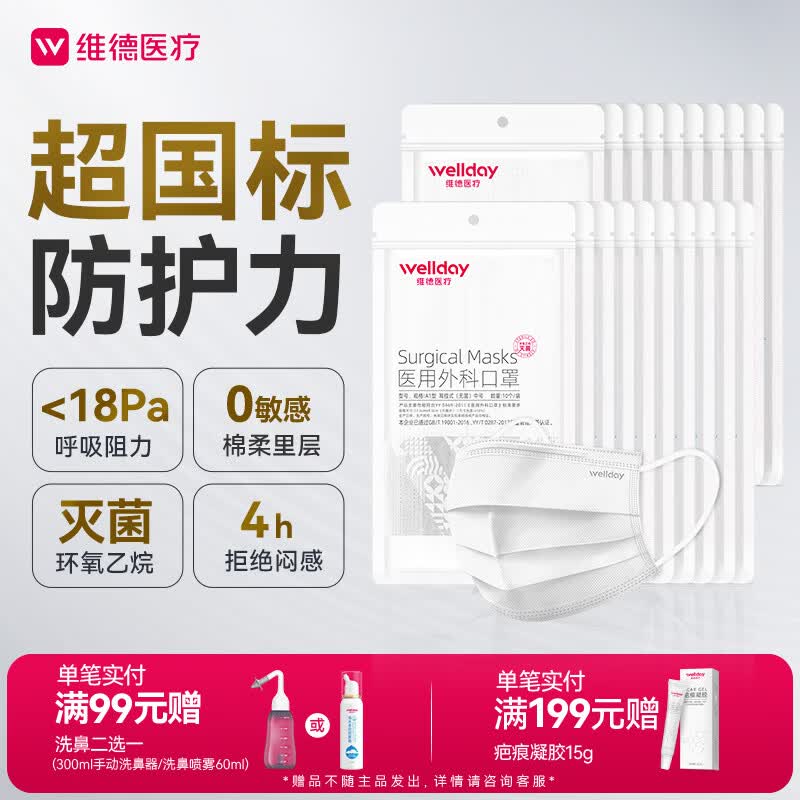 维德（WELLDAY）一次性成人医用外科口罩10只/袋*20无菌防尘防晒夏季薄款透气过敏
