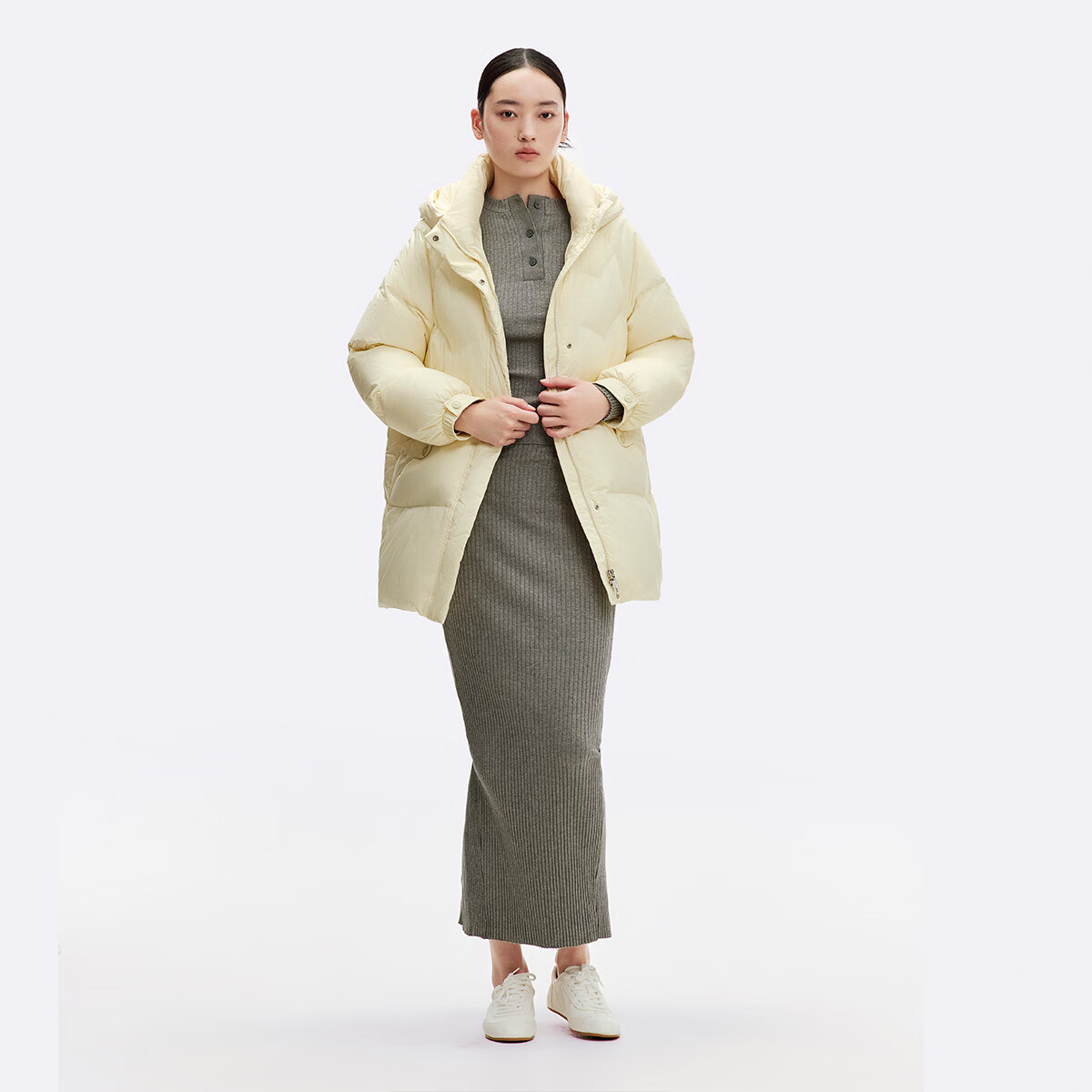 千仞岗秋冬季羽绒服中长款美拉德色系连帽外套女士百搭休闲保暖防寒服 奶油白 XS (155)