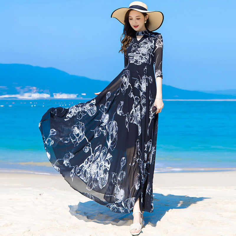 大裙摆连衣裙女雪纺短袖夏季雪纺短袖连衣裙女长款到脚踝 黑底荷花 m