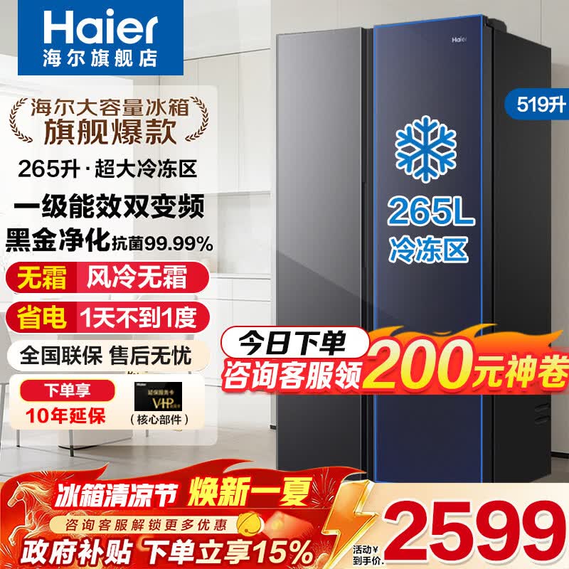 海尔（Haier）大冷冻冰箱519升双开两门一级双变频风冷无霜大容量对开门家电以旧换新国家补贴15%家用囤冻货冰箱 519升星蕴银+大冷冻+黑金净化
