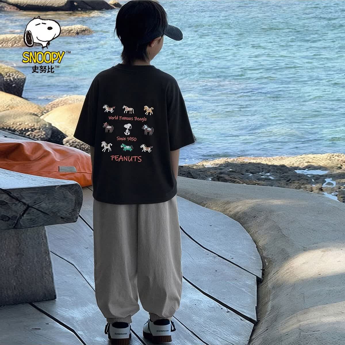 SNOOPY男童2026夏季宽松休闲新疆棉短袖上衣防蚊裤宽松休闲裤 C02浅灰防蚊裤 110