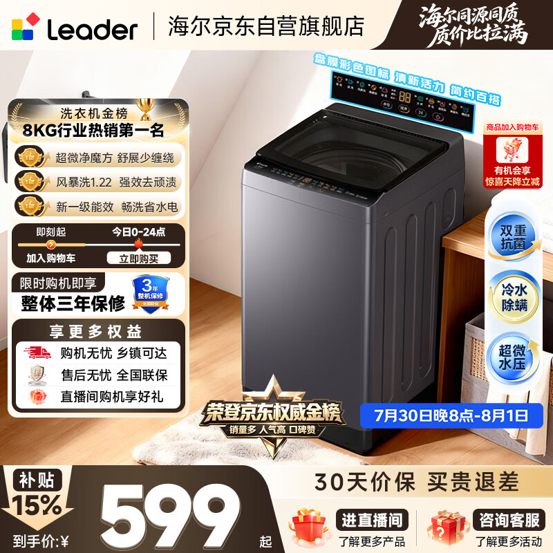 统帅（Leader）海尔出品 悦己波轮洗衣机 全自动出租房8.2公斤一级能效 京东自营国家补贴XQBL82-M20D1