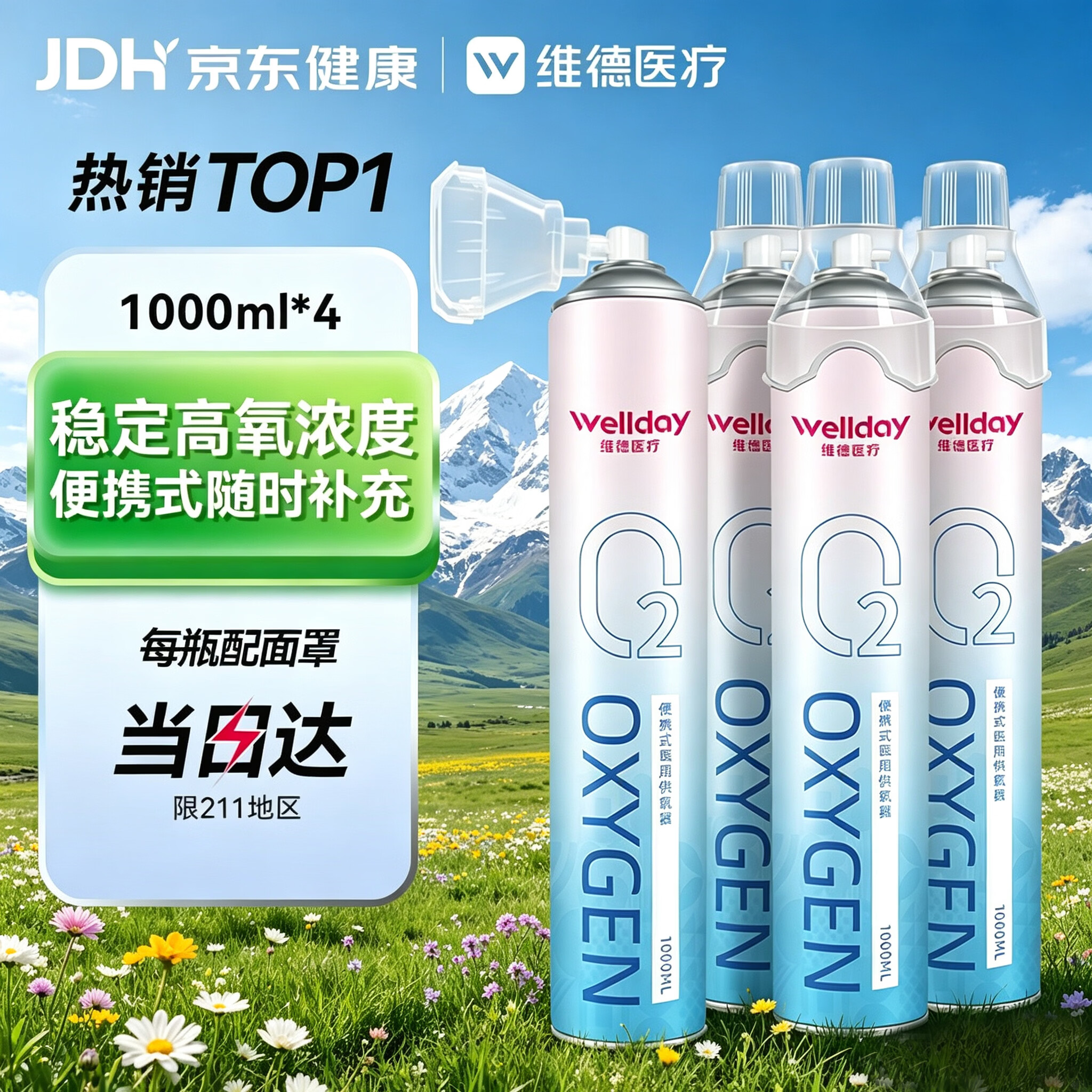 维德（WELLDAY）氧气瓶便携式供氧器孕妇老人吸氧机高原旅游氧气罐1000ml*4瓶