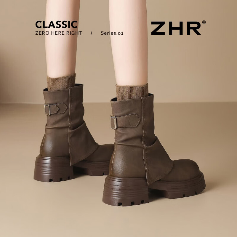 ZHR则则西部裤管靴女2025新款秋冬厚底增高短靴复古美拉德棕色堆堆靴女靴 棕色 39