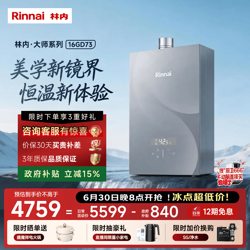 林内（Rinnai）【大师系列MAX】16L燃气热水器 家用水伺服热水器 六驱恒温0.5℃调温上门安装 16GD73(JSQ31-GD73)