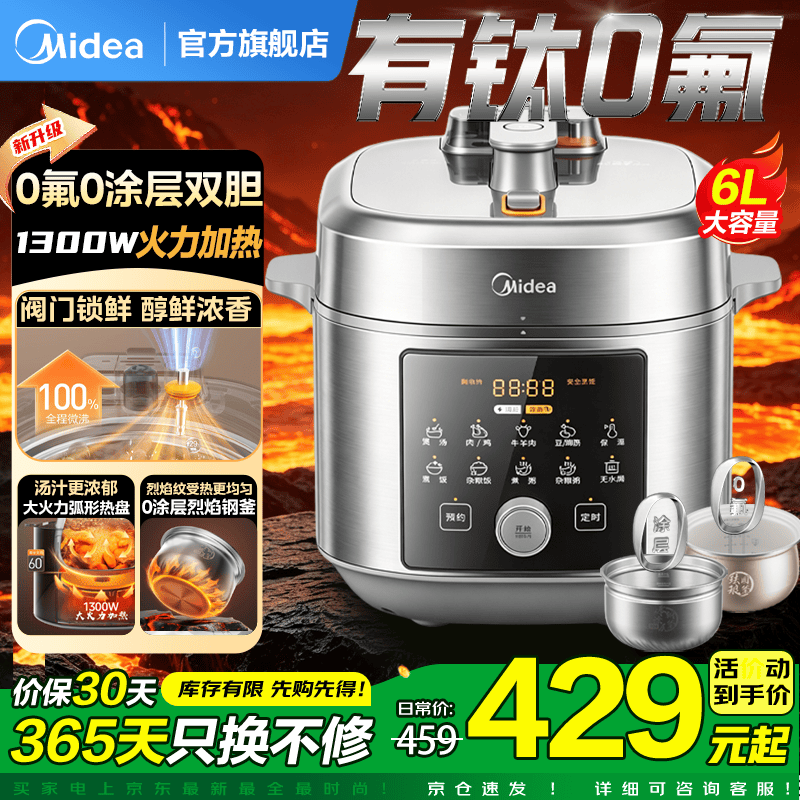 美的（Midea）电压力锅电高压锅电饭煲电饭锅高压锅炖肉专用家用5-6-8人6升多功能一体多用煮饭炖汤0涂层0氟双胆 【新一代醇鲜浓香】自动/手动排气双模式 6L