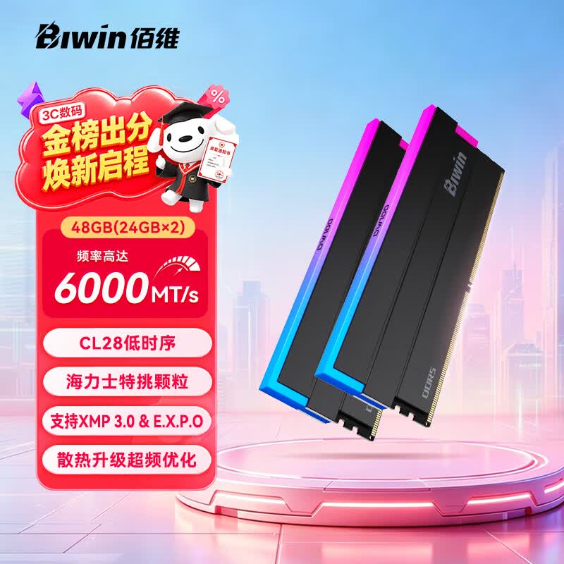 佰维（BIWIN）48G(24G×2)套装 DDR5 6000频率台式机内存条 时空行者DW100 RGB灯条(C28)黑色AI PC电脑存储配件