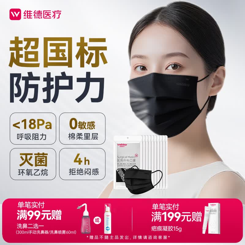 维德（WELLDAY）一次性医用外科口罩10只/袋*10成人黑色防尘防晒夏季薄款透气过敏