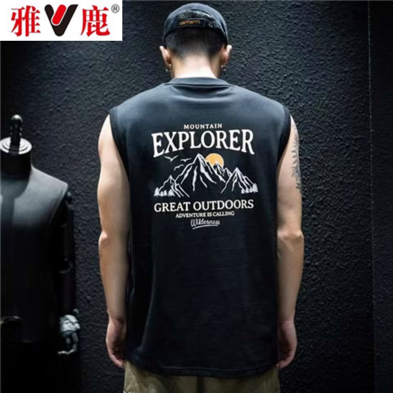 雅鹿夏季无袖t恤背心男宽松潮牌ins大码坎肩半袖美式运动12 M 均码 黑色【EXPORER】