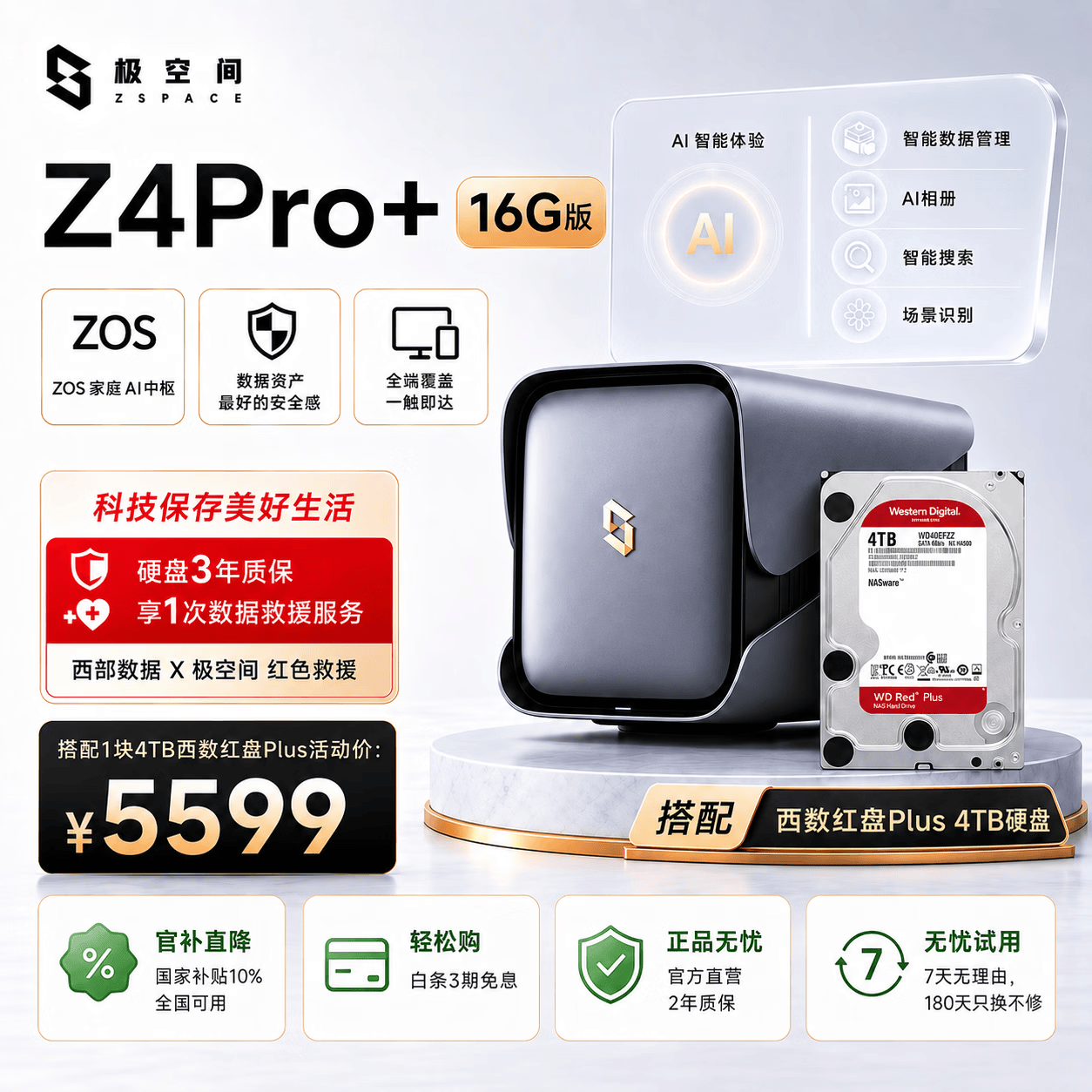 极空间私有云Z4Pro+ 16G版 4T四盘位Nas智能家庭娱乐企业办公网络存储服务器(搭配1块红盘Plus 4TB硬盘)