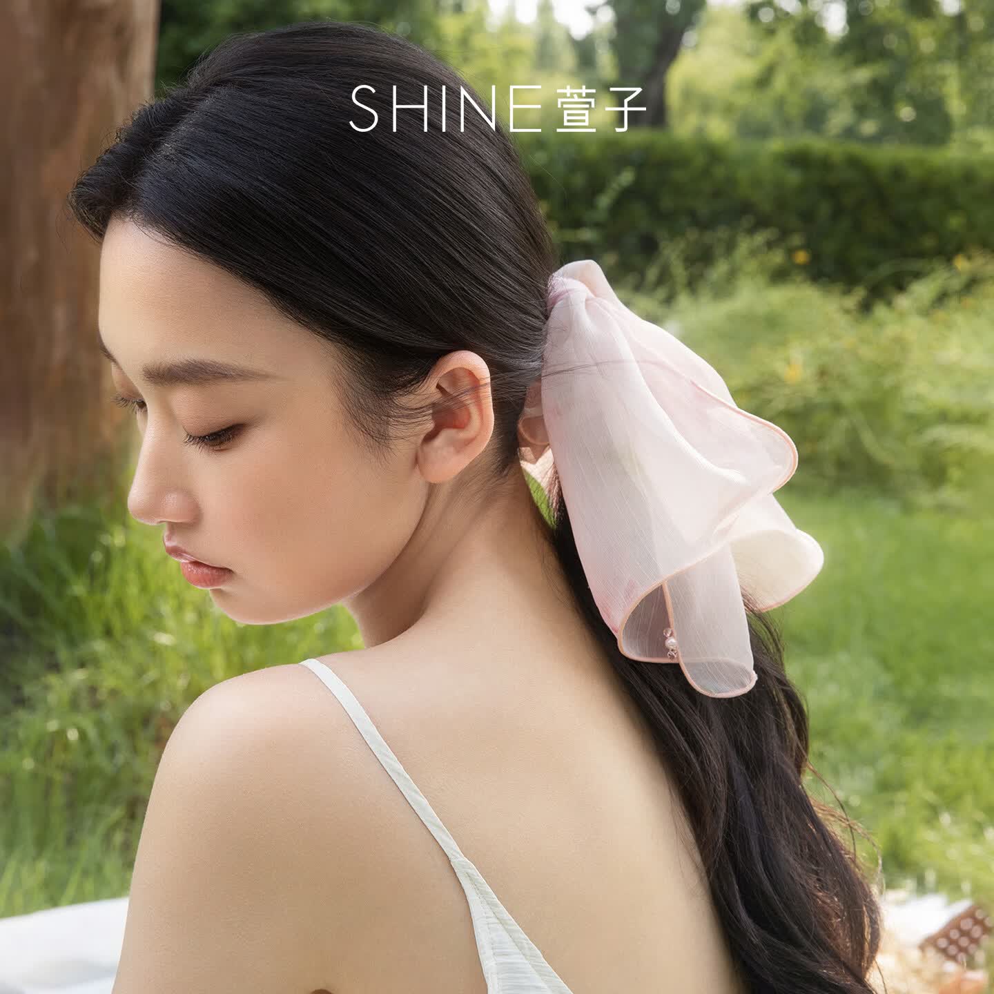 萱子(SHINE)粉纱漫染系列氛围感轻纱发圈蝴蝶结飘带发绳古风发饰头饰2026新款 粉色 1个