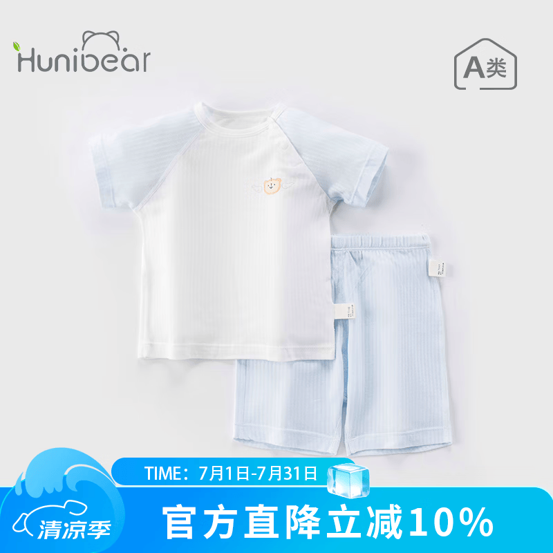 欢喜小熊 宝宝短袖套装夏季新款透气T恤短裤两件套薄款家居服夏装婴儿衣服 蓝色 90 京东折扣/优惠券