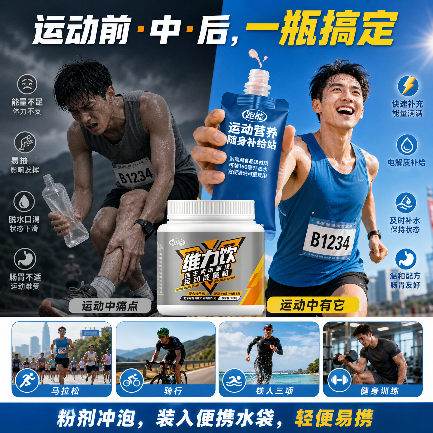 跑能润维力饮补充运动营养电解质能量粉多重维生素水冲剂饮料梅子味 【专业队配方】电解质营养 800g*1桶 送水袋1个