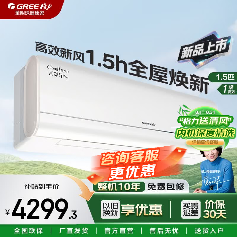 格力空调挂机1.5匹 国家补贴15% 新一级能效 舒适风系列双排铜管 纯铜管 高温制冷 节能省电空调挂机 云舒氧Pro 1.5匹 【舒适新风】45m³/h新风量