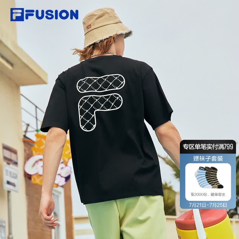 斐乐（FILA）FUSION潮牌情侣短袖T恤夏季宽松休闲印花男女装圆领纯棉上衣 深黑-BK S (165)