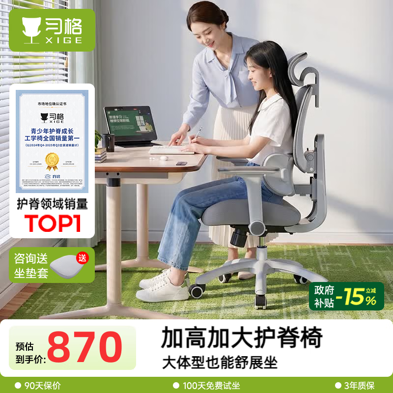习格X19pro学习椅书桌椅子人工力学座椅初高中生久坐不累可调节后背 X19pro带头枕