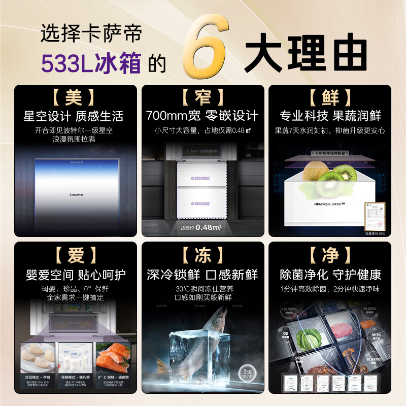 卡萨帝(Casarte)揽光533L法式多门冰箱零嵌入式双系统主动除菌细胞级保鲜一级能效BCD-533WGCFDM4WKU1国家补贴