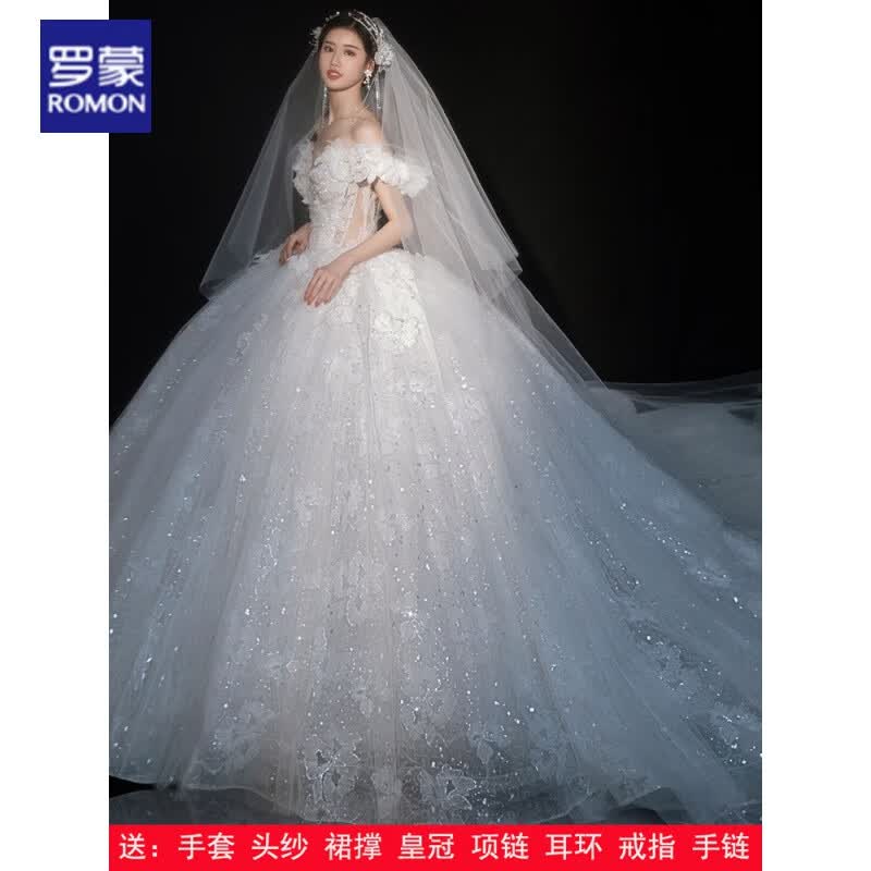 罗蒙婚纱主纱法式轻婚纱2023新款新娘主纱一字肩V领质感重工拖尾2023 拖尾婚纱(八件套) S怎么看?