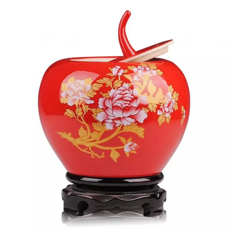 瑾睿茗瓷景德鎮(zhèn)陶瓷器米缸米桶中國紅大號儲物罐結(jié)婚糖果罐 小號金牡丹蘋果底座