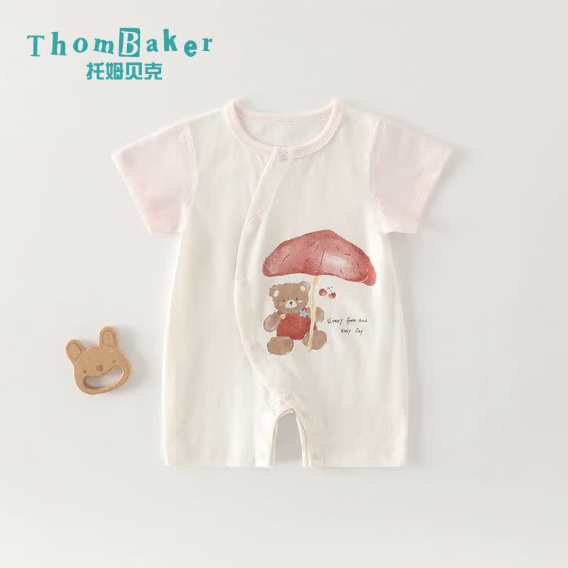 托姆贝克(ThomBaker)婴儿衣服夏季卡通短袖连体衣纯棉薄款无骨男女宝宝哈衣睡衣 短袖蘑菇熊粉 90cm