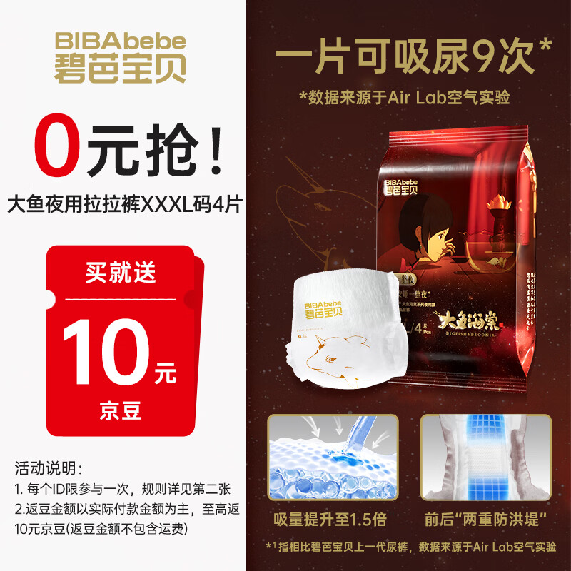 碧芭宝贝大鱼海棠夜用拉拉裤试用装XXXL4片夜用安睡尿不湿超薄透气不闷热