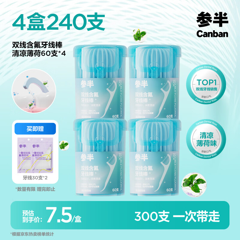 参半双线含氟牙线棒 高分子纤维牙线薄荷清香 60支*4罐240支
