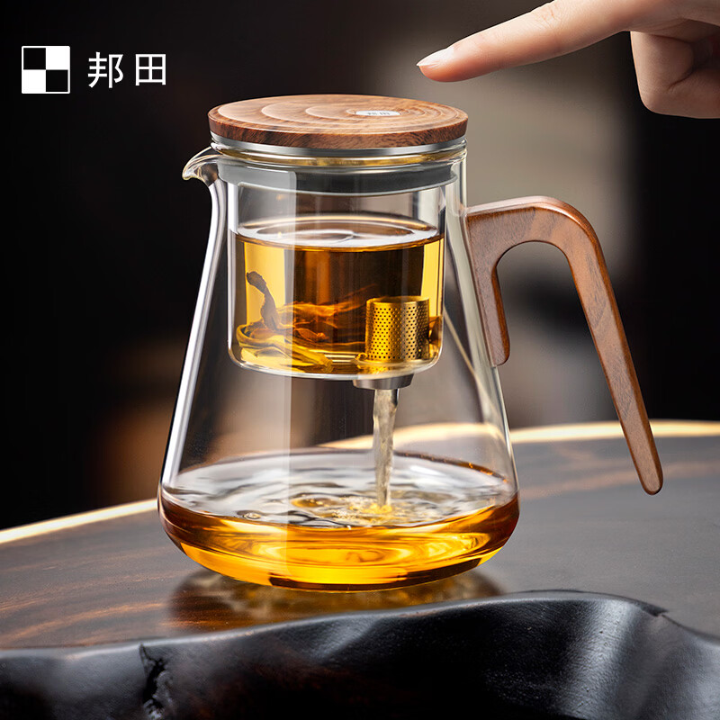 邦田(Bonston)磁吸玻璃内胆飘逸杯一键过滤无杆泡茶壶茶水分离懒人可拆洗茶具 【细杆旋盖下水】银色800ml